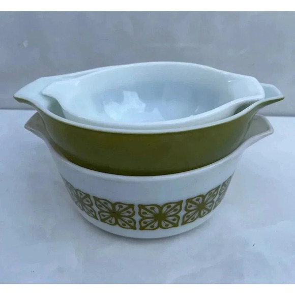 Set 3 Vintage Pyrex Square Flowers Verde Mixing Round Circle Bowls Green White - Picture 10 of 10